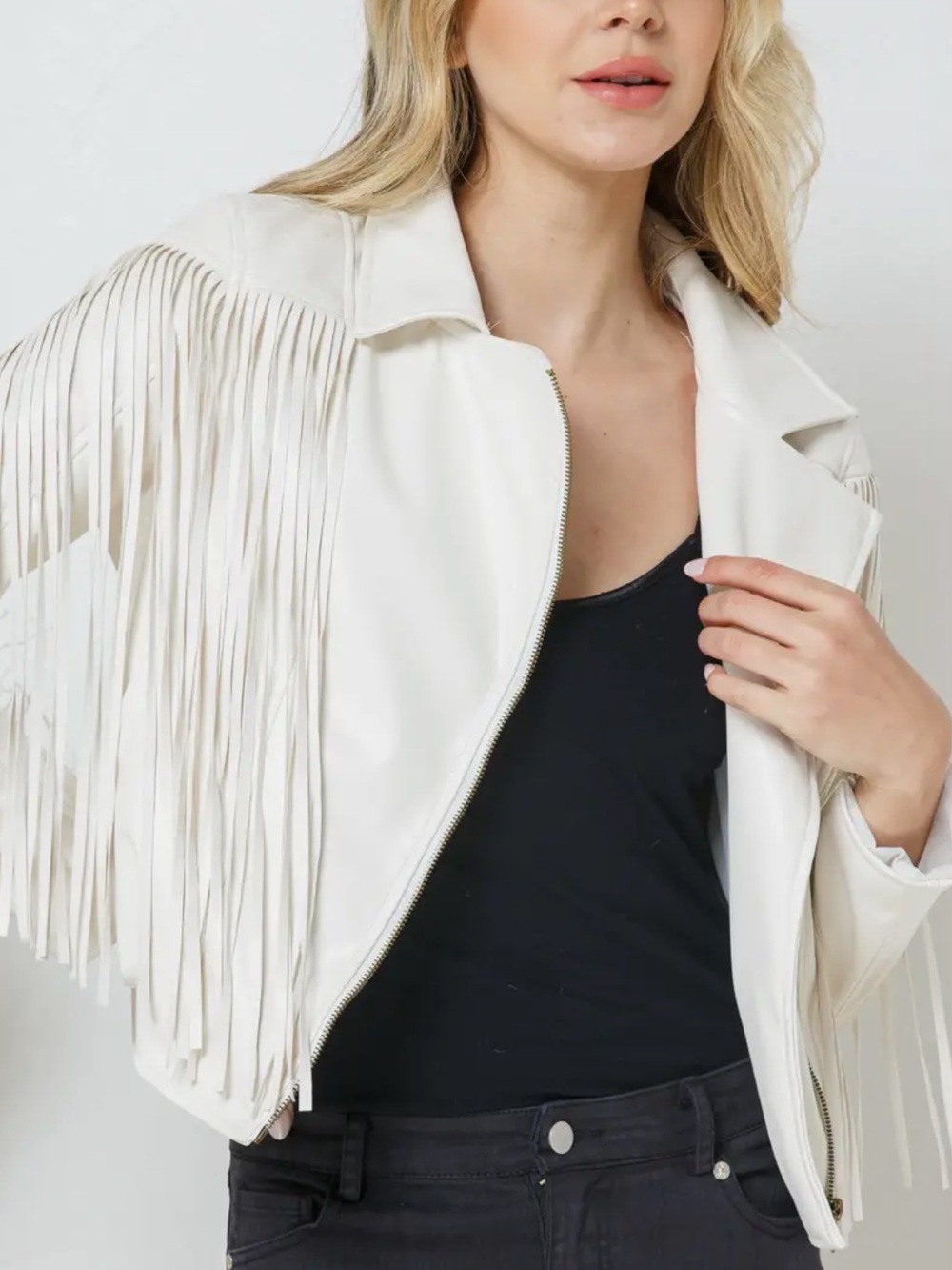 Women's White Fringe Moto Jacket - Faux Leather